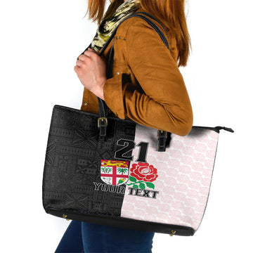 Custom Fiji England Rugby Leather Tote Bag Tapa Pattern and Rose Flower World Cup 2023 LT9