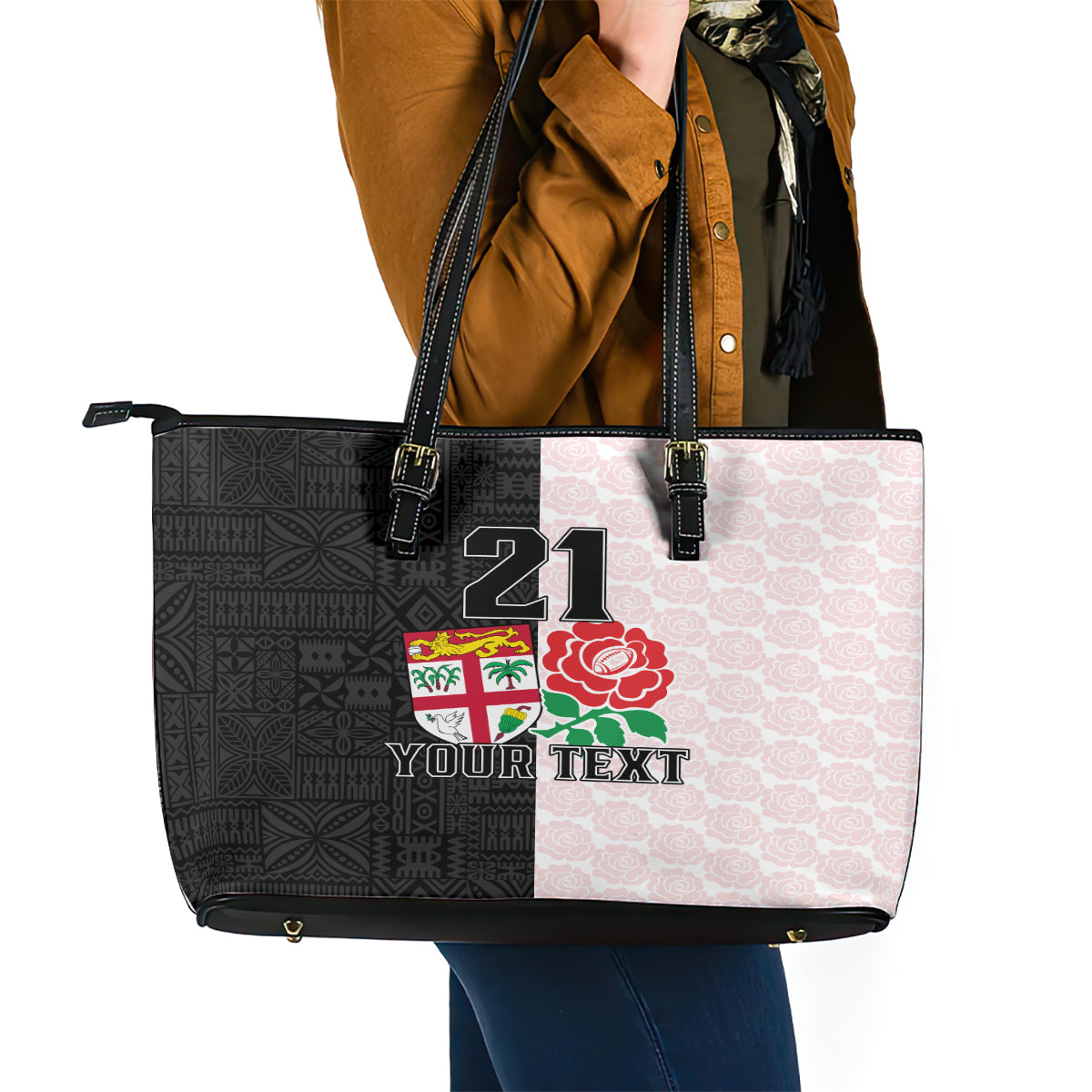 Custom Fiji England Rugby Leather Tote Bag Tapa Pattern and Rose Flower World Cup 2023 LT9