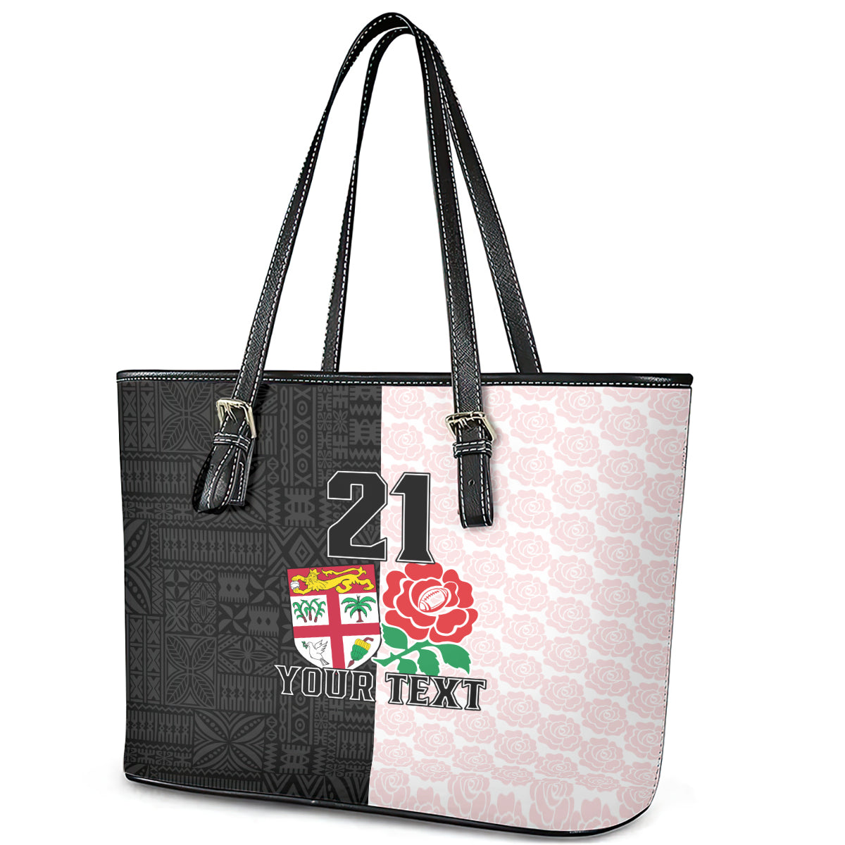 Custom Fiji England Rugby Leather Tote Bag Tapa Pattern and Rose Flower World Cup 2023 LT9