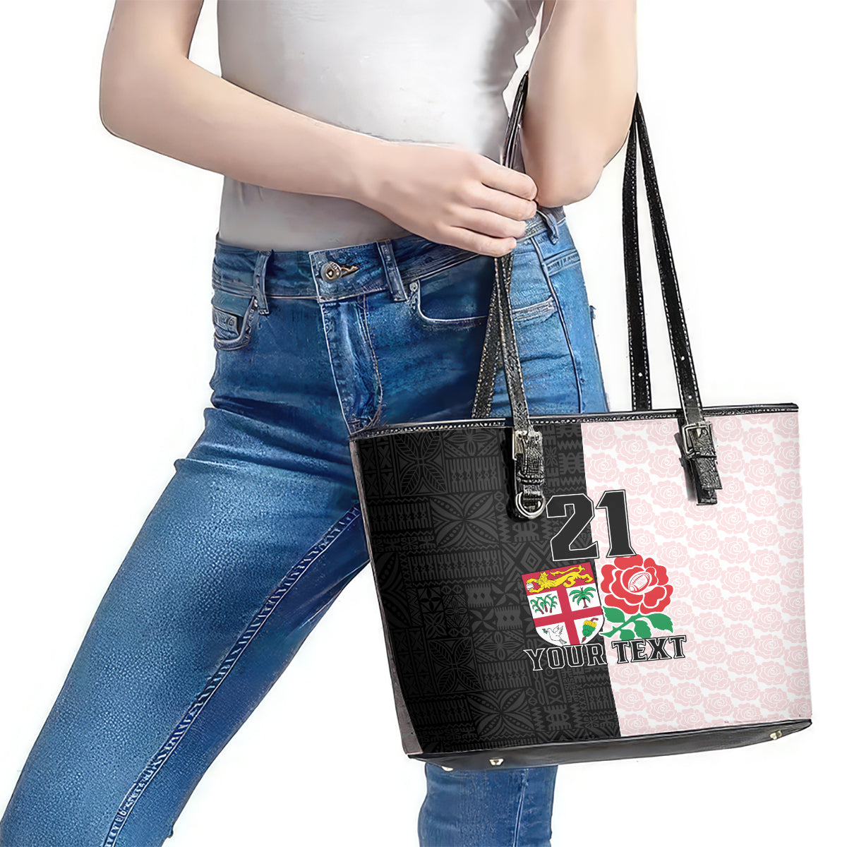 Custom Fiji England Rugby Leather Tote Bag Tapa Pattern and Rose Flower World Cup 2023 LT9