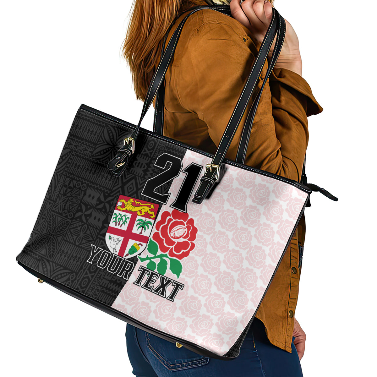 Custom Fiji England Rugby Leather Tote Bag Tapa Pattern and Rose Flower World Cup 2023 LT9