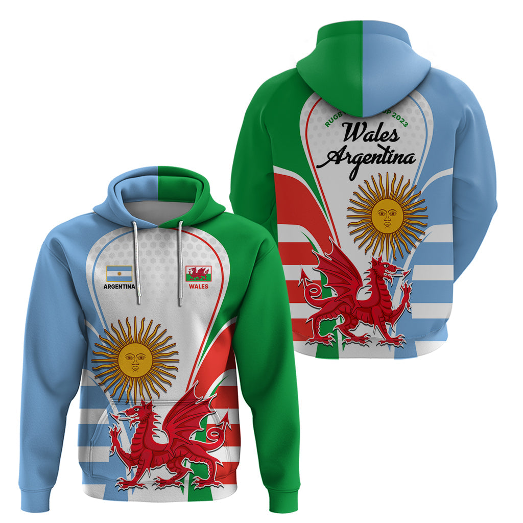 Wales Argentina Rugby Hoodie The Welsh Dragon and Sol De Mayo World Cup 2023 LT9
