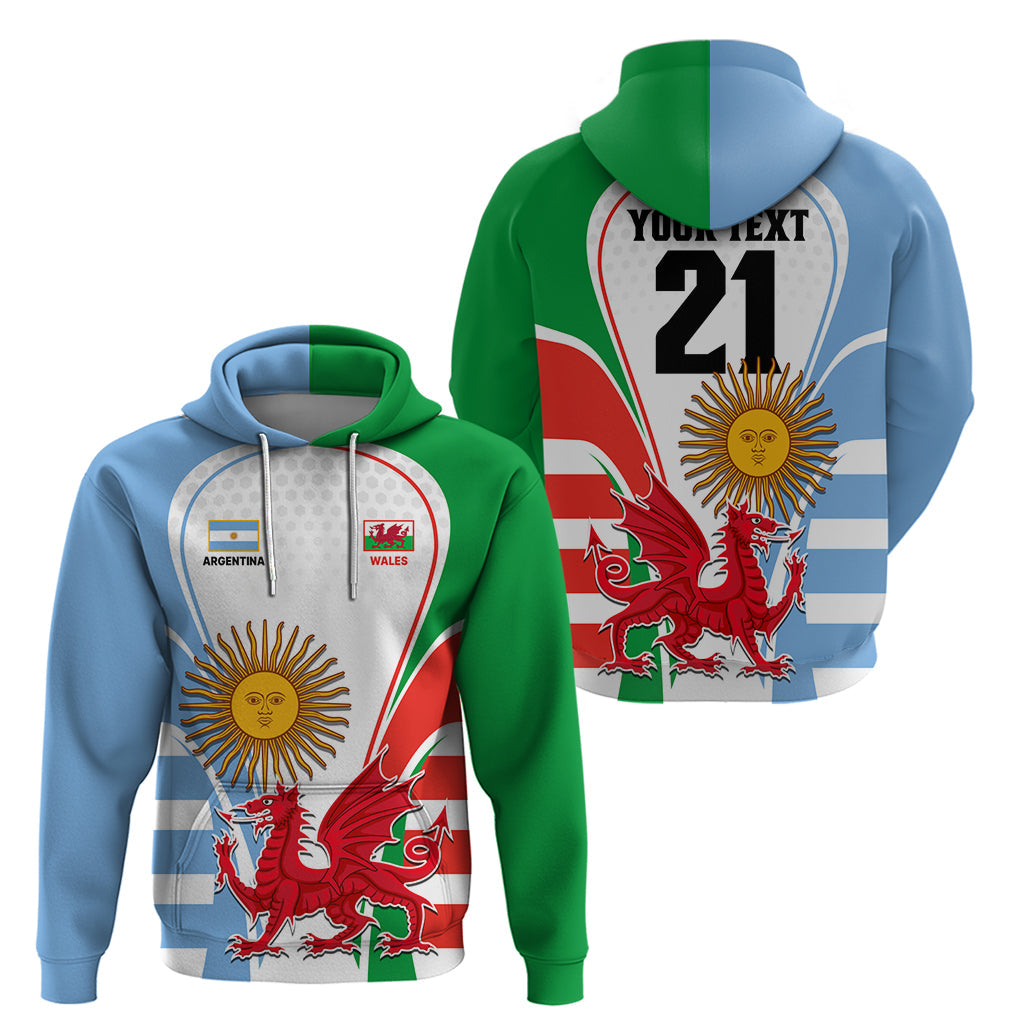 Custom Wales Argentina Rugby Hoodie The Welsh Dragon and Sol De Mayo World Cup 2023 LT9