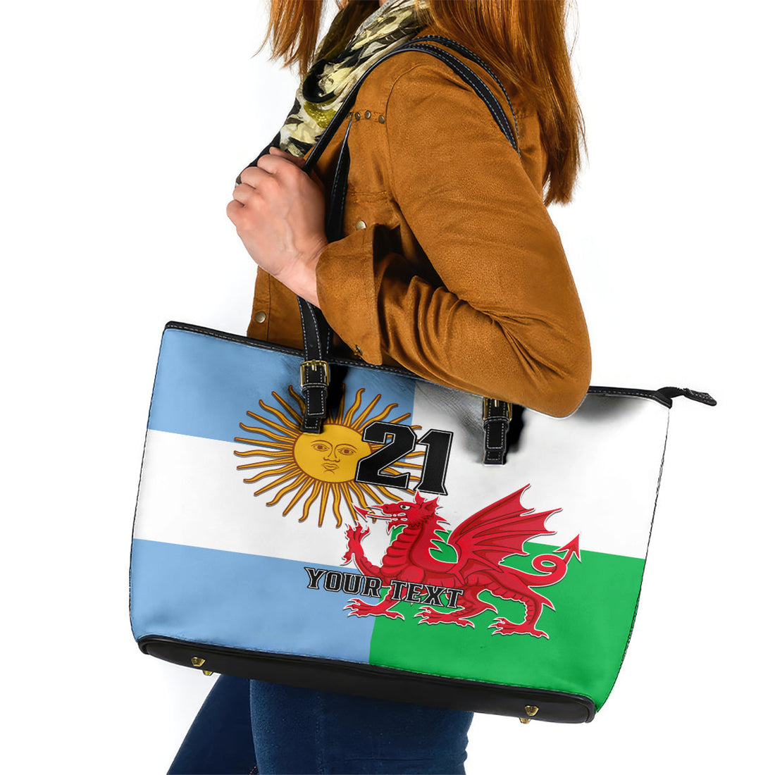Custom Wales Argentina Rugby Leather Tote Bag The Welsh Dragon and Sol De Mayo World Cup 2023 LT9