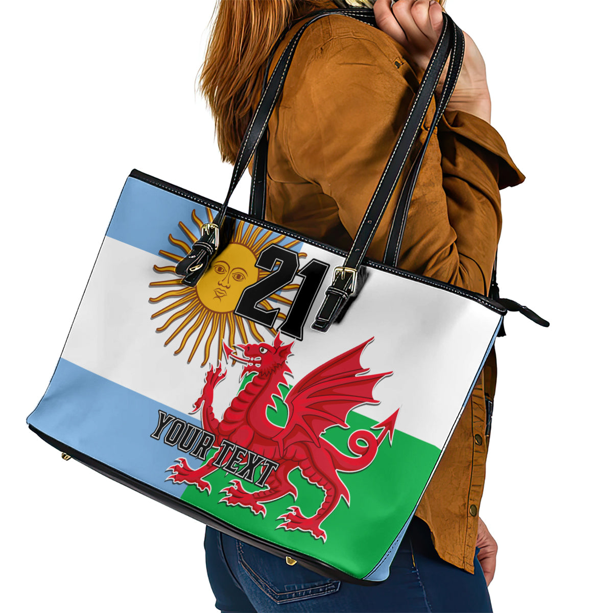 Custom Wales Argentina Rugby Leather Tote Bag The Welsh Dragon and Sol De Mayo World Cup 2023 LT9