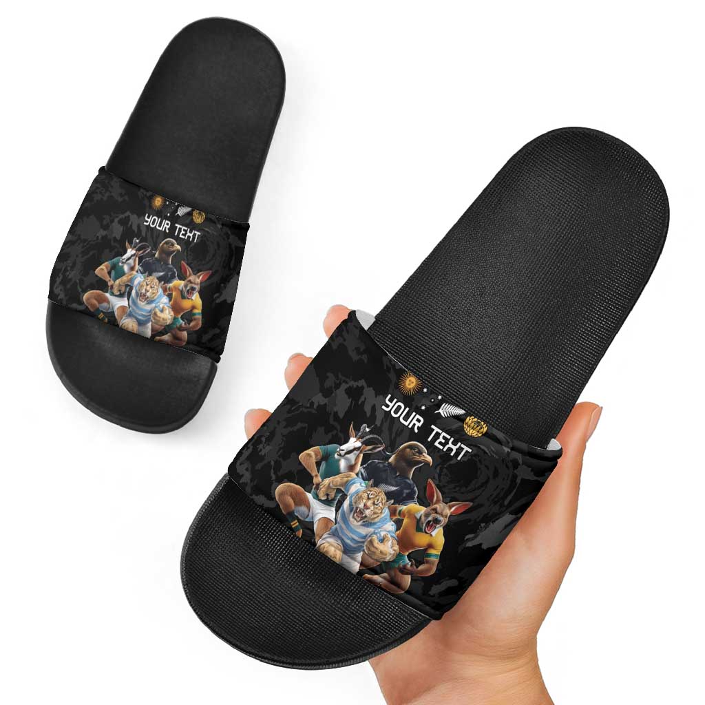 Custom Rugby Southern Hemisphere Slide Sandals Argentina AUNZ South Africa Mascot Black LT9