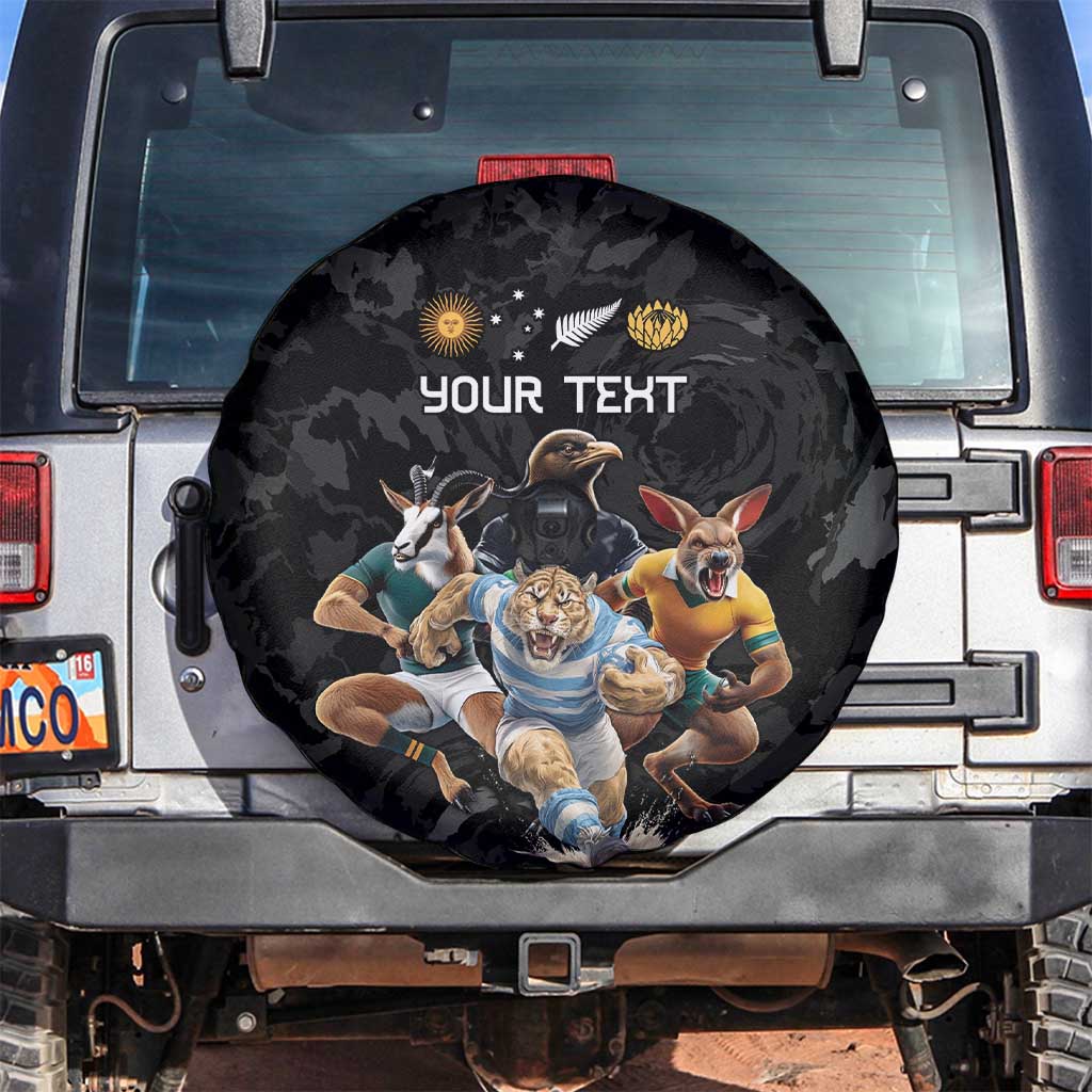 Custom Rugby Southern Hemisphere Spare Tire Cover Argentina AUNZ South Africa Mascot Black LT9