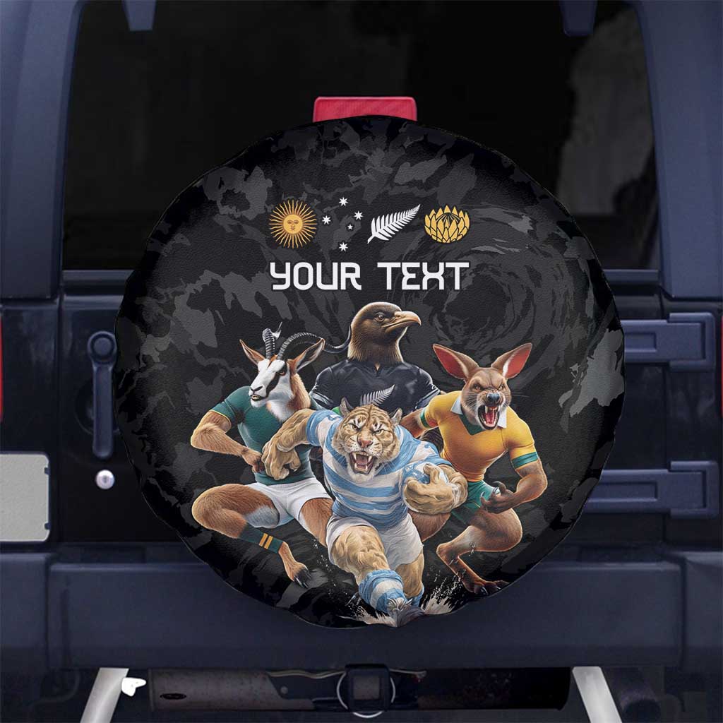 Custom Rugby Southern Hemisphere Spare Tire Cover Argentina AUNZ South Africa Mascot Black LT9
