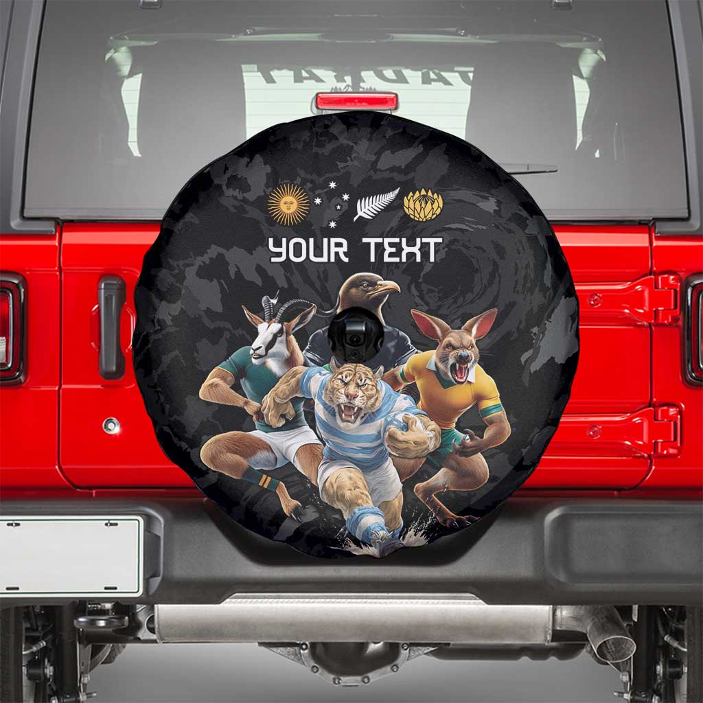 Custom Rugby Southern Hemisphere Spare Tire Cover Argentina AUNZ South Africa Mascot Black LT9