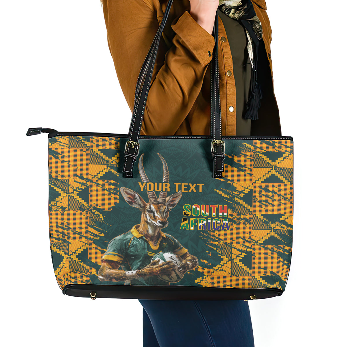 Custom South Africa Rugby Leather Tote Bag The Springboks Mascot Sporty Version LT9