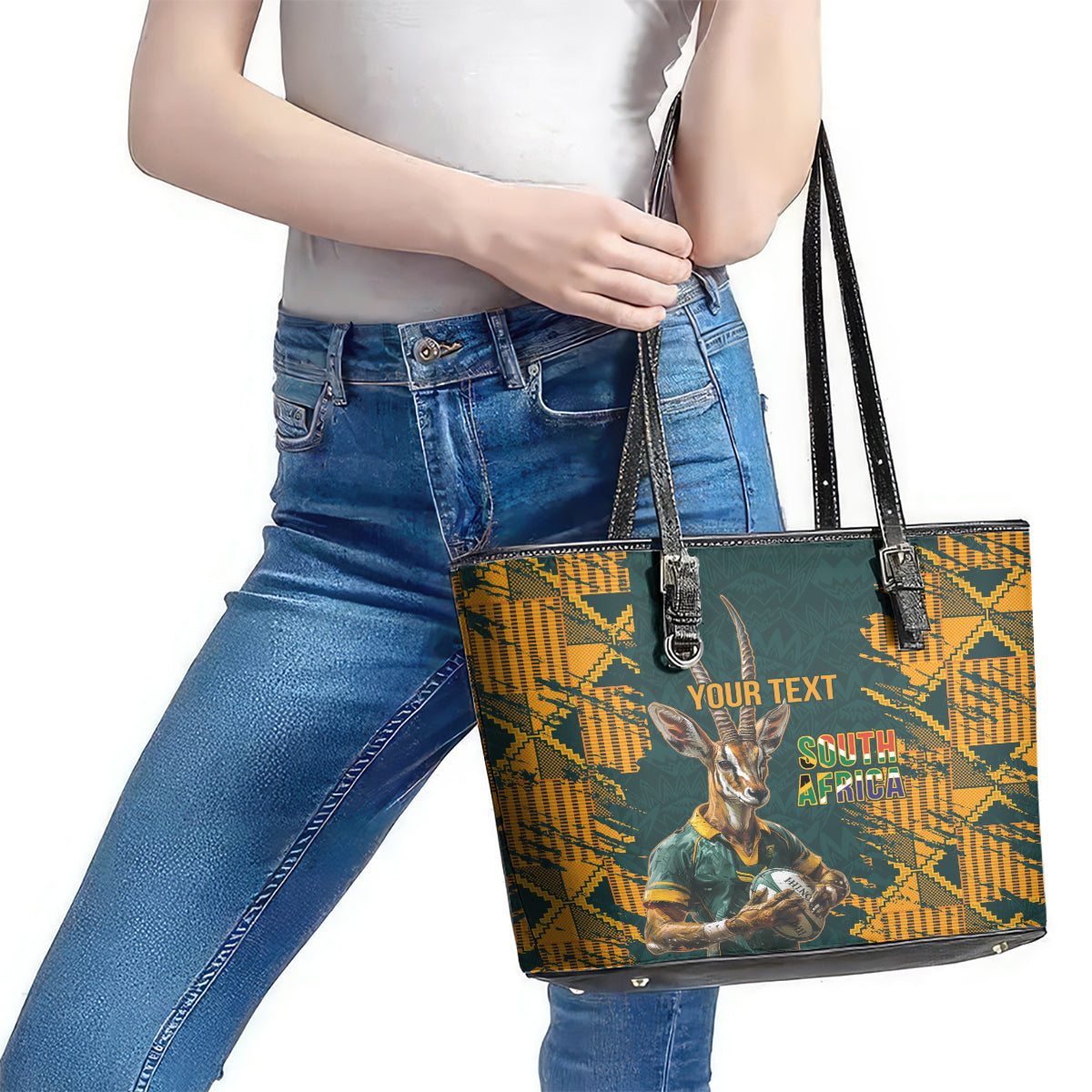 Custom South Africa Rugby Leather Tote Bag The Springboks Mascot Sporty Version LT9
