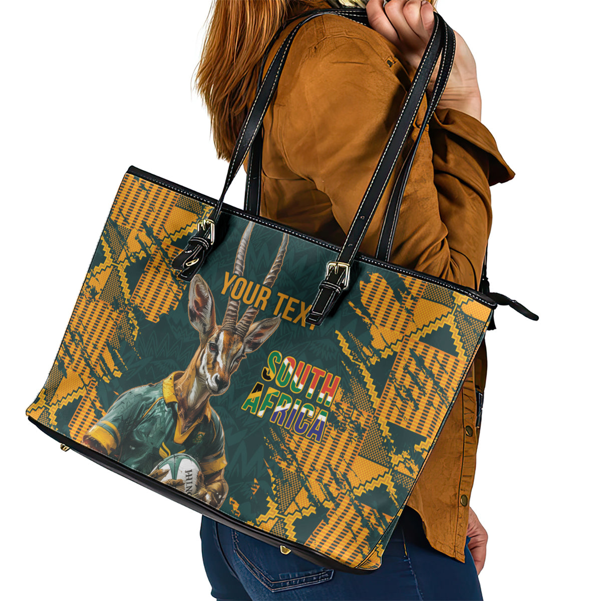 Custom South Africa Rugby Leather Tote Bag The Springboks Mascot Sporty Version LT9
