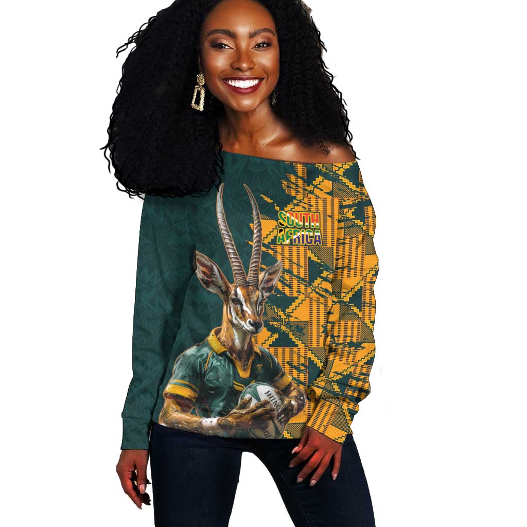South Africa Rugby Custom Off Shoulder Sweater Afro Springboks Mascot Sporty Version LT9