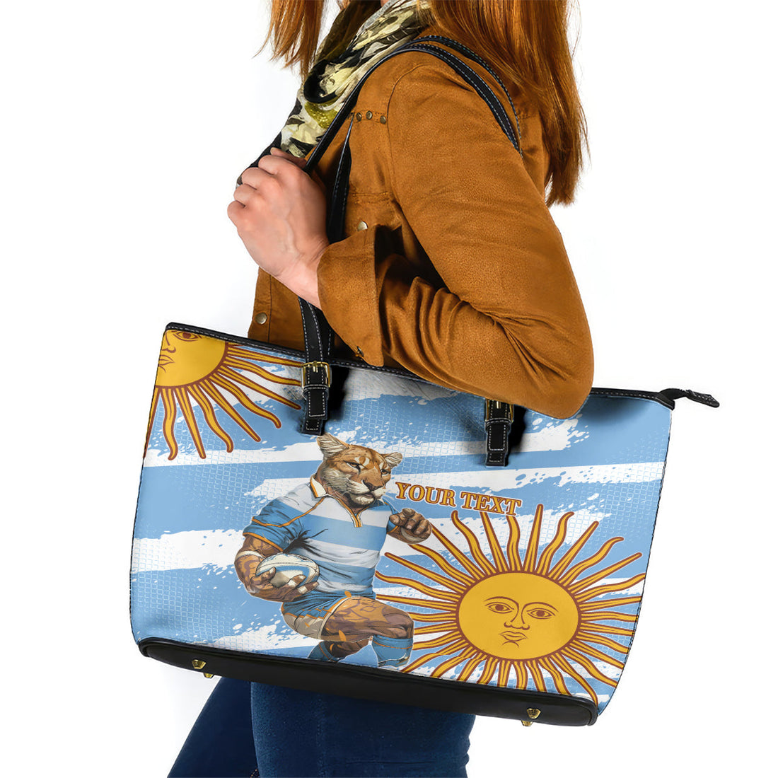 Custom Vamos Argentina Leather Tote Bag The Pumas Rugby Mascot Sporty Version LT9
