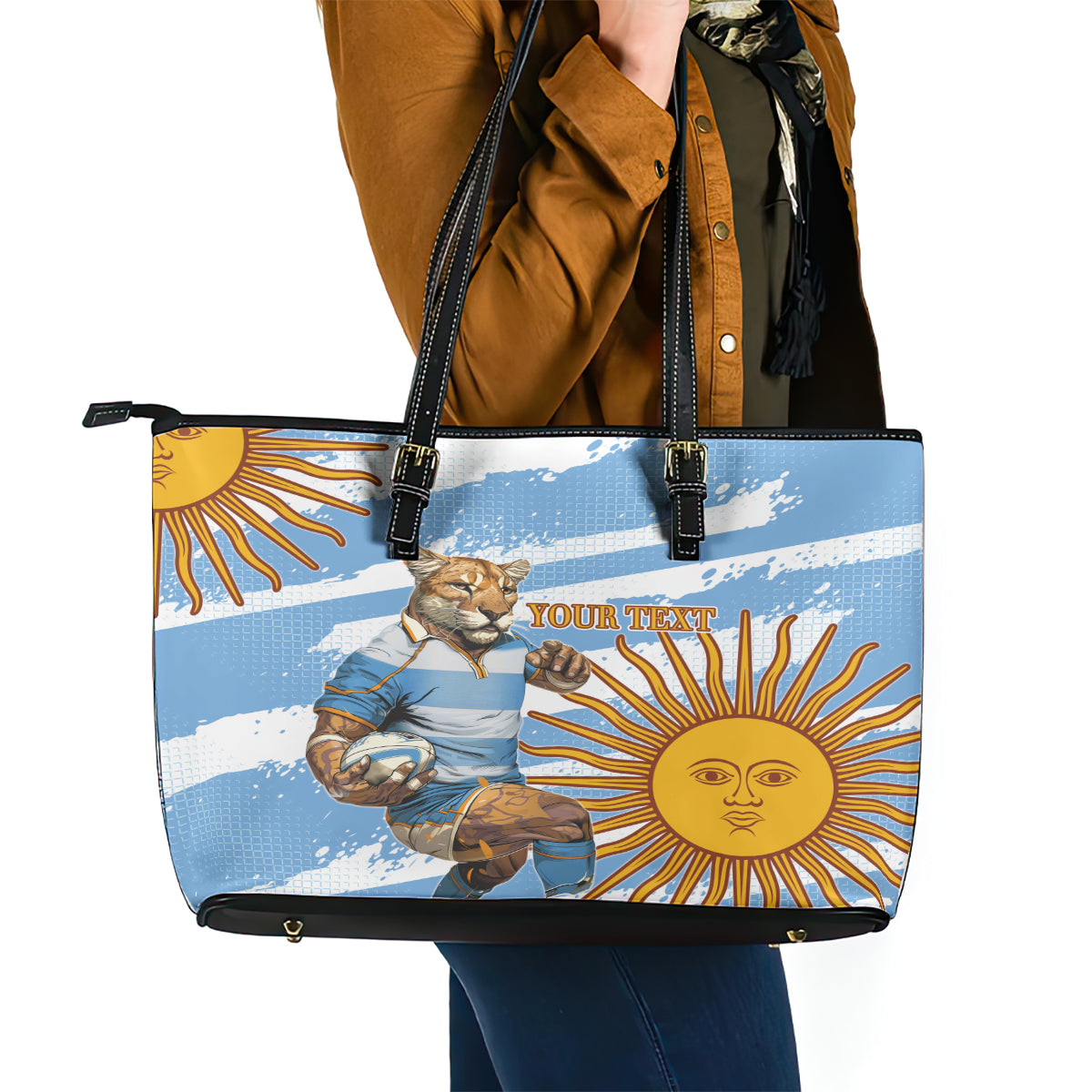Custom Vamos Argentina Leather Tote Bag The Pumas Rugby Mascot Sporty Version LT9