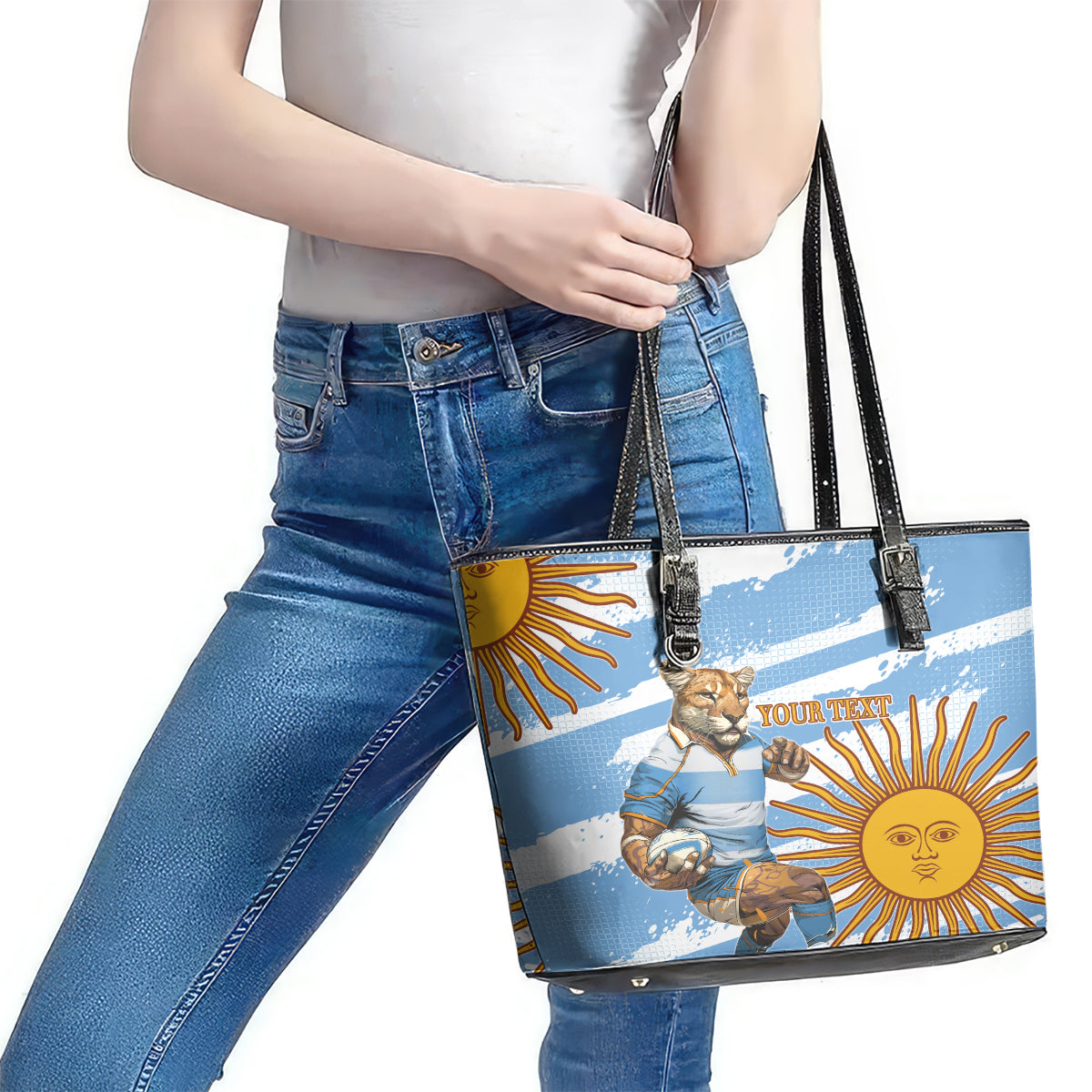 Custom Vamos Argentina Leather Tote Bag The Pumas Rugby Mascot Sporty Version LT9