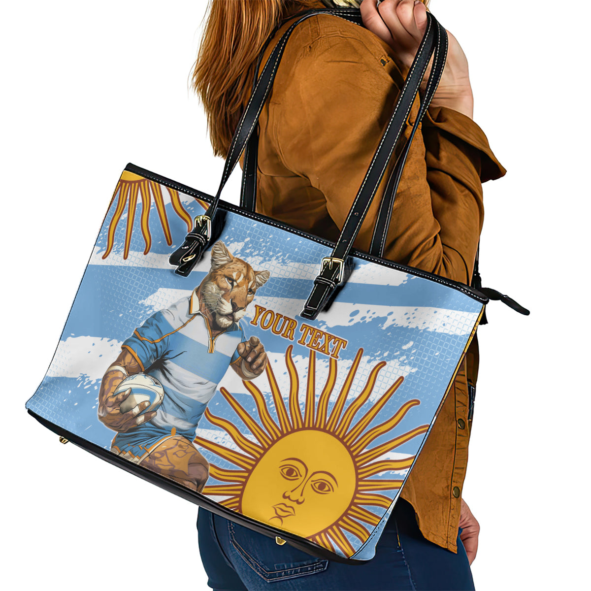 Custom Vamos Argentina Leather Tote Bag The Pumas Rugby Mascot Sporty Version LT9