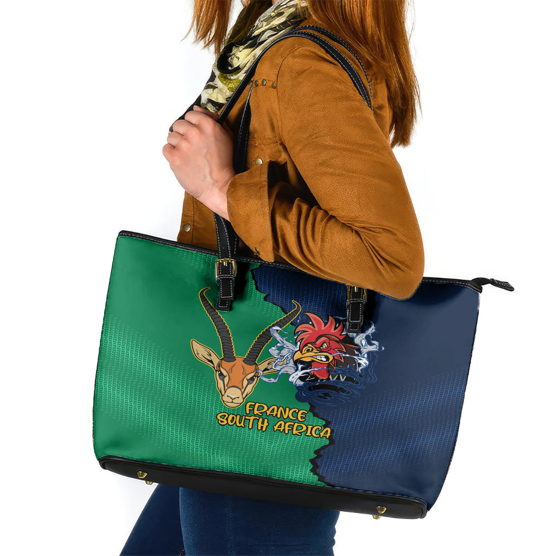 France South Africa Rugby Leather Tote Bag Springboks and Gallic Rooster World Cup 2023 LT9