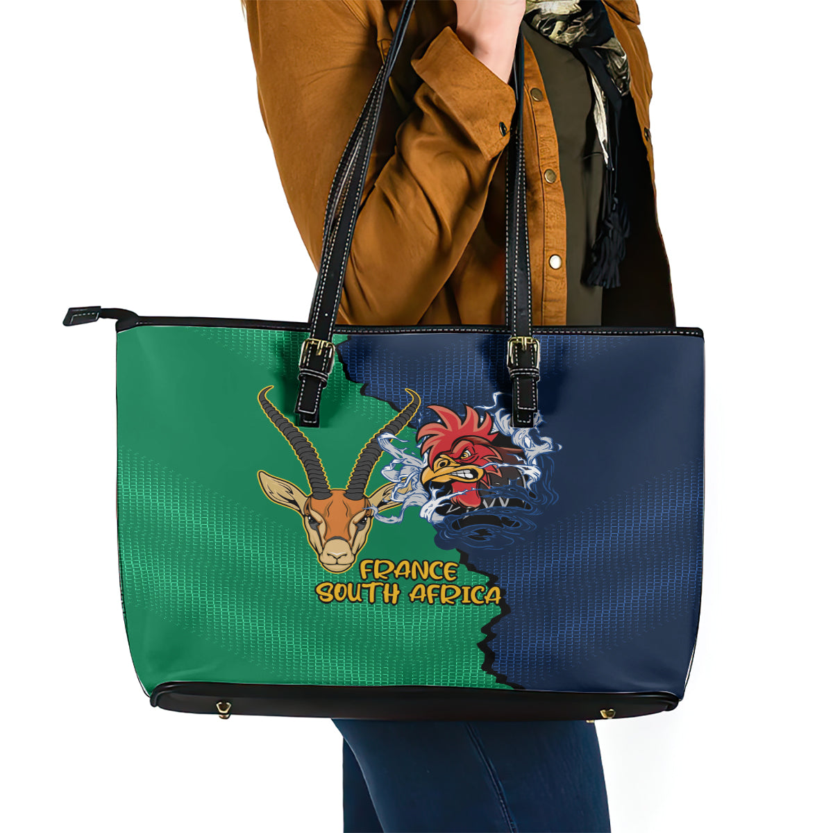 France South Africa Rugby Leather Tote Bag Springboks and Gallic Rooster World Cup 2023 LT9