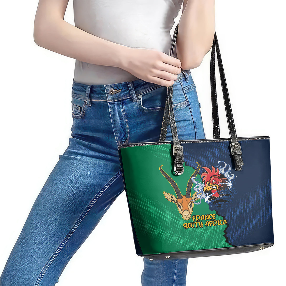 France South Africa Rugby Leather Tote Bag Springboks and Gallic Rooster World Cup 2023 LT9