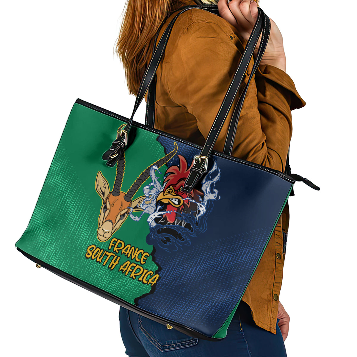 France South Africa Rugby Leather Tote Bag Springboks and Gallic Rooster World Cup 2023 LT9