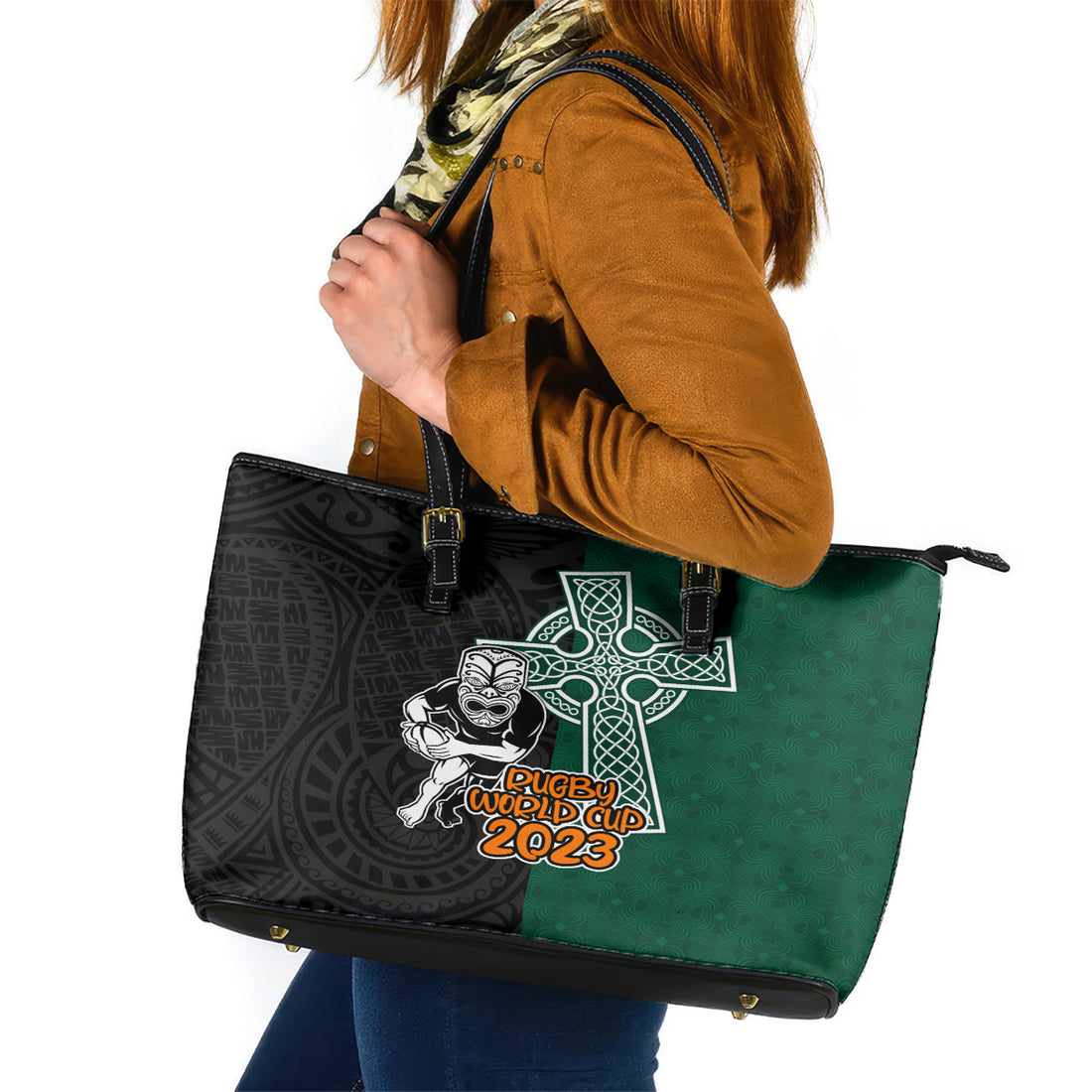 New Zealand Ireland Rugby Leather Tote Bag Warrior Black Fern and Shamrocks World Cup 2023 LT9