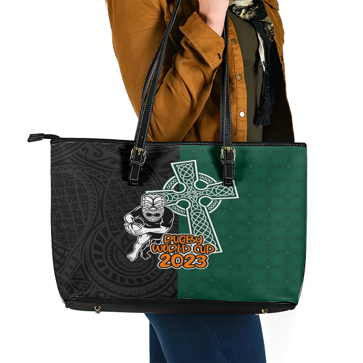 New Zealand Ireland Rugby Leather Tote Bag Warrior Black Fern and Shamrocks World Cup 2023 LT9