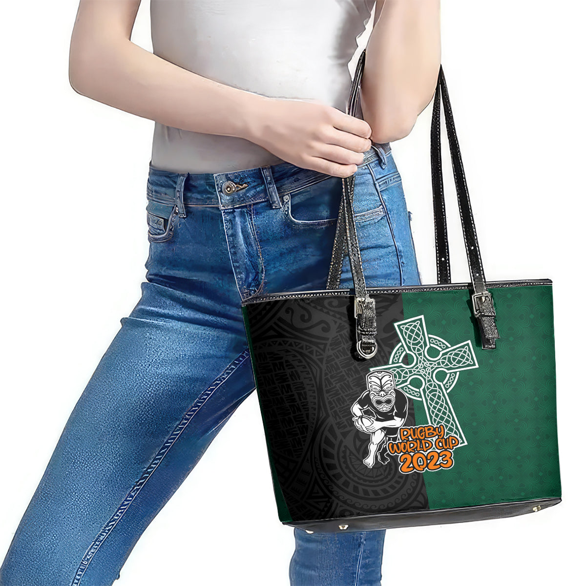 New Zealand Ireland Rugby Leather Tote Bag Warrior Black Fern and Shamrocks World Cup 2023 LT9