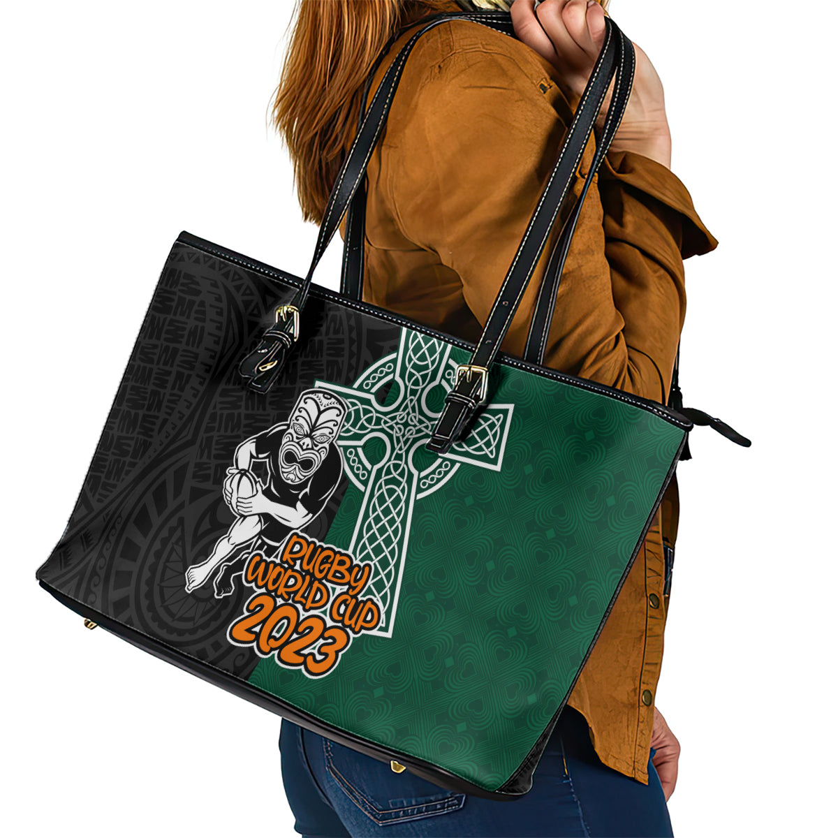 New Zealand Ireland Rugby Leather Tote Bag Warrior Black Fern and Shamrocks World Cup 2023 LT9