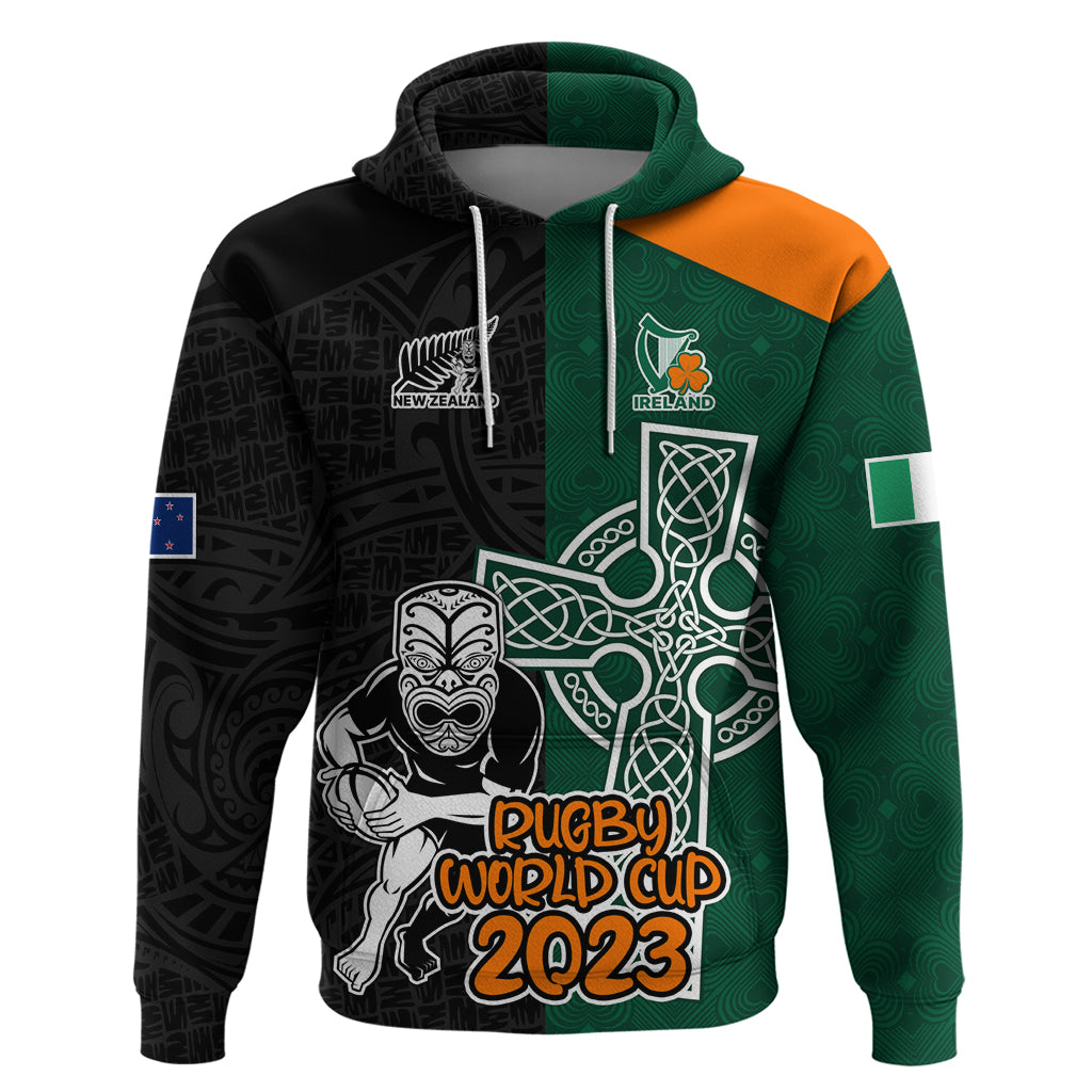Custom New Zealand Ireland Rugby Hoodie Warrior Black Fern and Shamrocks World Cup 2023 LT9