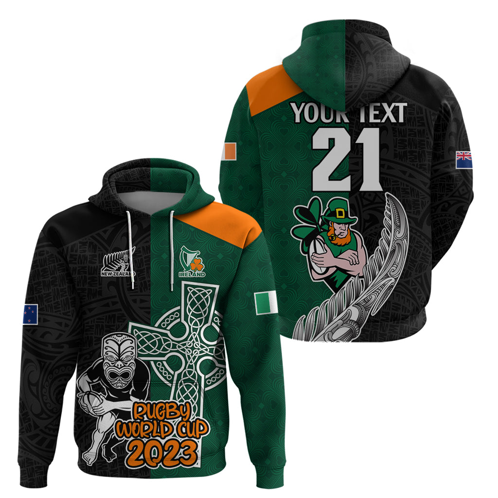 Custom New Zealand Ireland Rugby Hoodie Warrior Black Fern and Shamrocks World Cup 2023 LT9