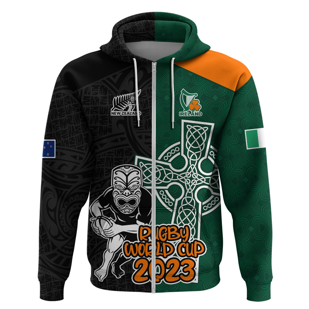 Custom New Zealand Ireland Rugby Hoodie Warrior Black Fern and Shamrocks World Cup 2023 LT9