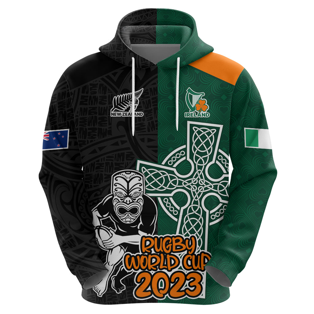 Custom New Zealand Ireland Rugby Hoodie Warrior Black Fern and Shamrocks World Cup 2023 LT9