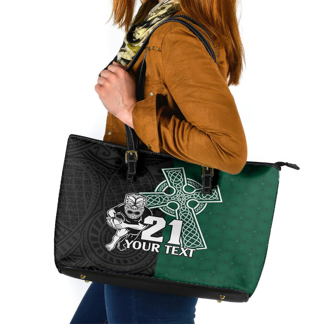 Custom New Zealand Ireland Rugby Leather Tote Bag Warrior Black Fern and Shamrocks World Cup 2023 LT9