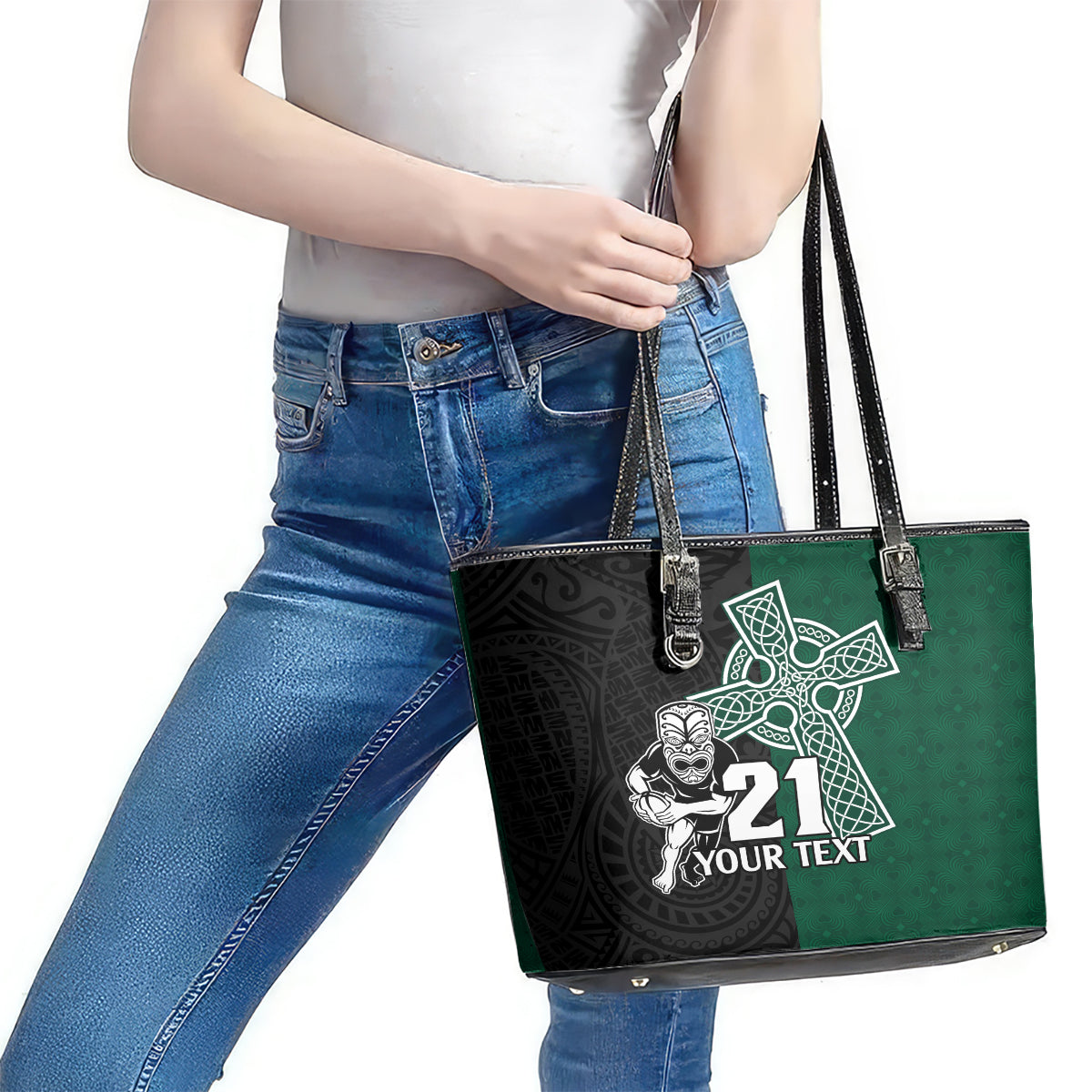 Custom New Zealand Ireland Rugby Leather Tote Bag Warrior Black Fern and Shamrocks World Cup 2023 LT9