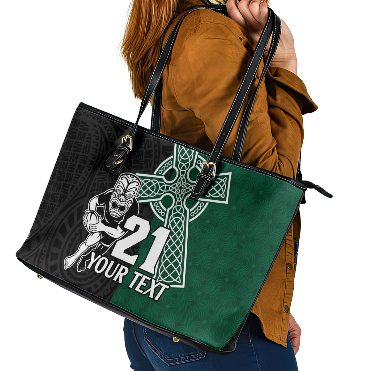 Custom New Zealand Ireland Rugby Leather Tote Bag Warrior Black Fern and Shamrocks World Cup 2023 LT9