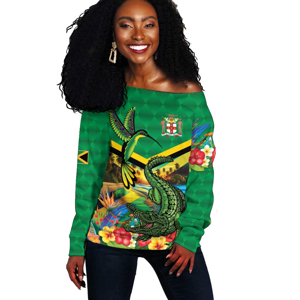 African Jamaica Personalized Off Shoulder Sweater Hummingbird and Crocodiles Tropical LT9