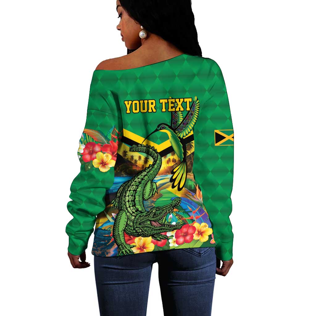 African Jamaica Personalized Off Shoulder Sweater Hummingbird and Crocodiles Tropical LT9