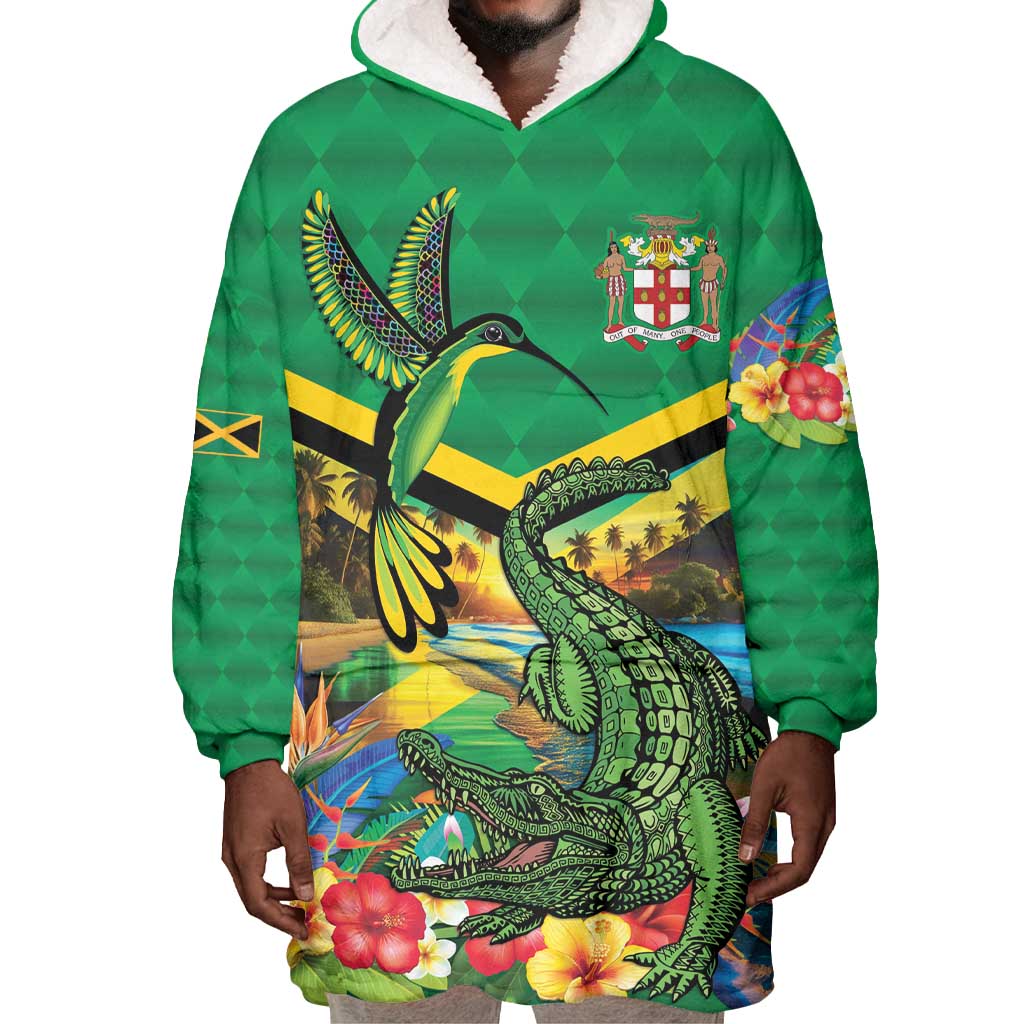African Jamaica Personalized Wearable Blanket Hoodie Hummingbird and Crocodiles Tropical LT9