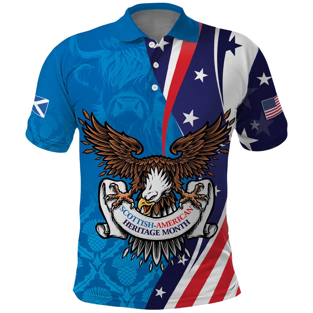 Scottish-American Heritage Month Personalized Polo Shirt Highland Cow and USA-eagle LT9