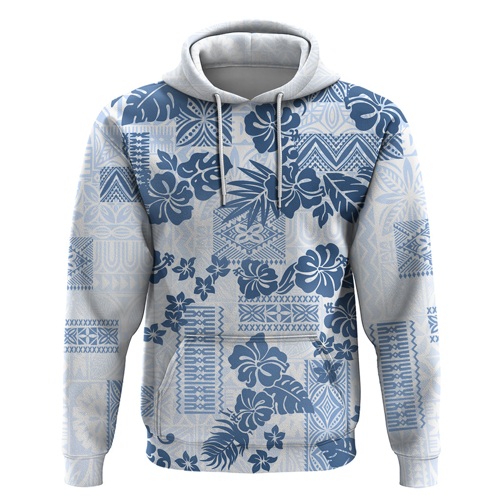 Vintage Hawaii Hoodie Hibiscus Tapa Tribal With Hawaiian Quilt Pattern Blue LT9