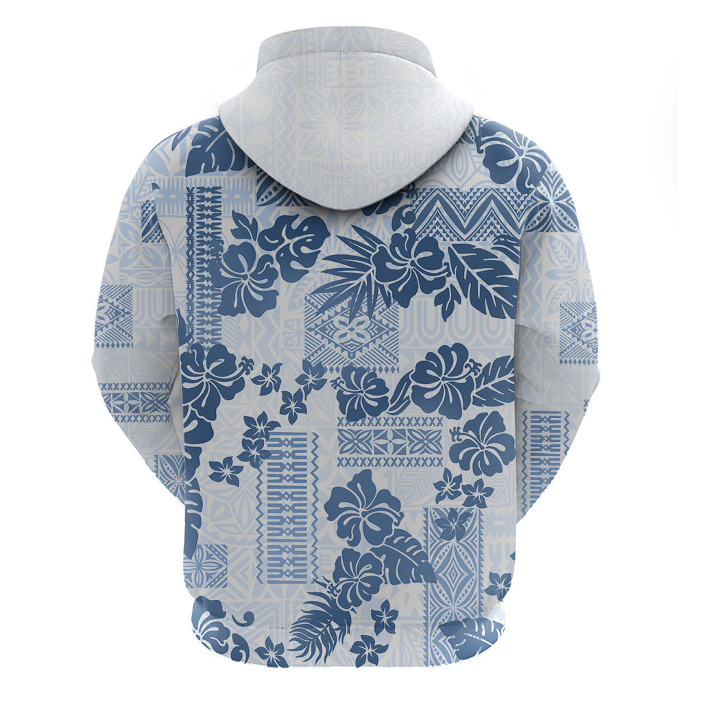 Vintage Hawaii Hoodie Hibiscus Tapa Tribal With Hawaiian Quilt Pattern Blue LT9
