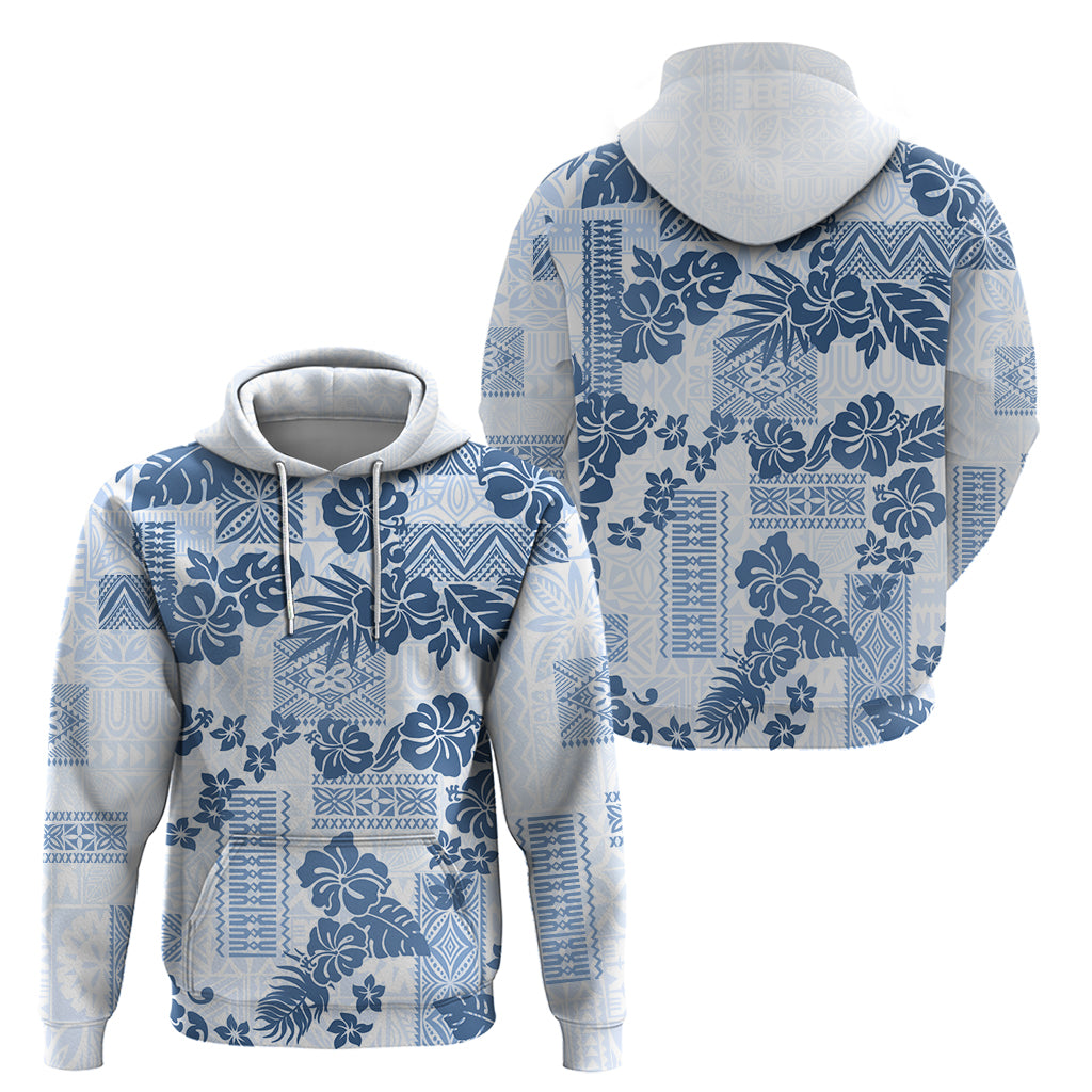 Vintage Hawaii Hoodie Hibiscus Tapa Tribal With Hawaiian Quilt Pattern Blue LT9