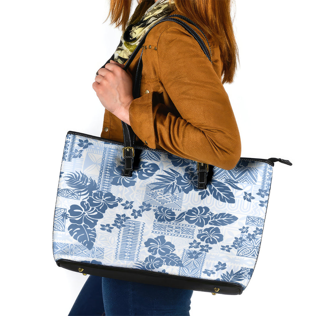 Vintage Hawaii Leather Tote Bag Hibiscus Tapa Tribal With Hawaiian Quilt Pattern Blue LT9
