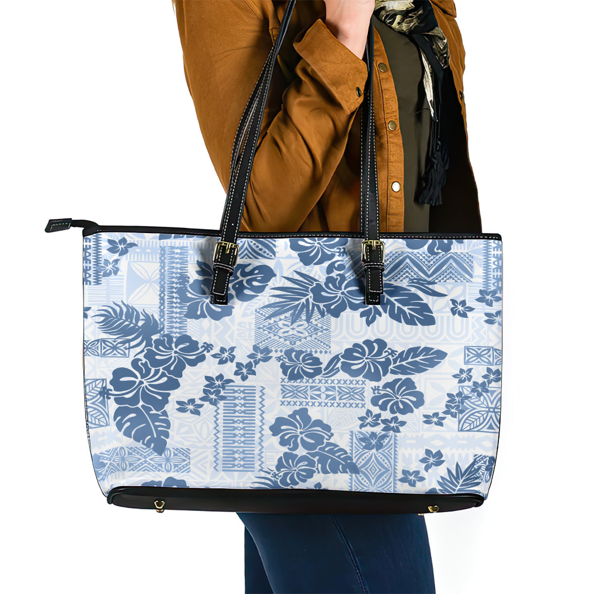 Vintage Hawaii Leather Tote Bag Hibiscus Tapa Tribal With Hawaiian Quilt Pattern Blue LT9