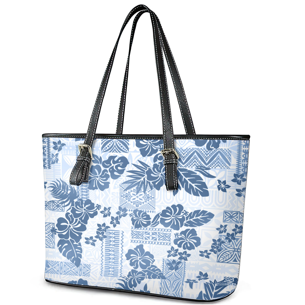 Vintage Hawaii Leather Tote Bag Hibiscus Tapa Tribal With Hawaiian Quilt Pattern Blue LT9