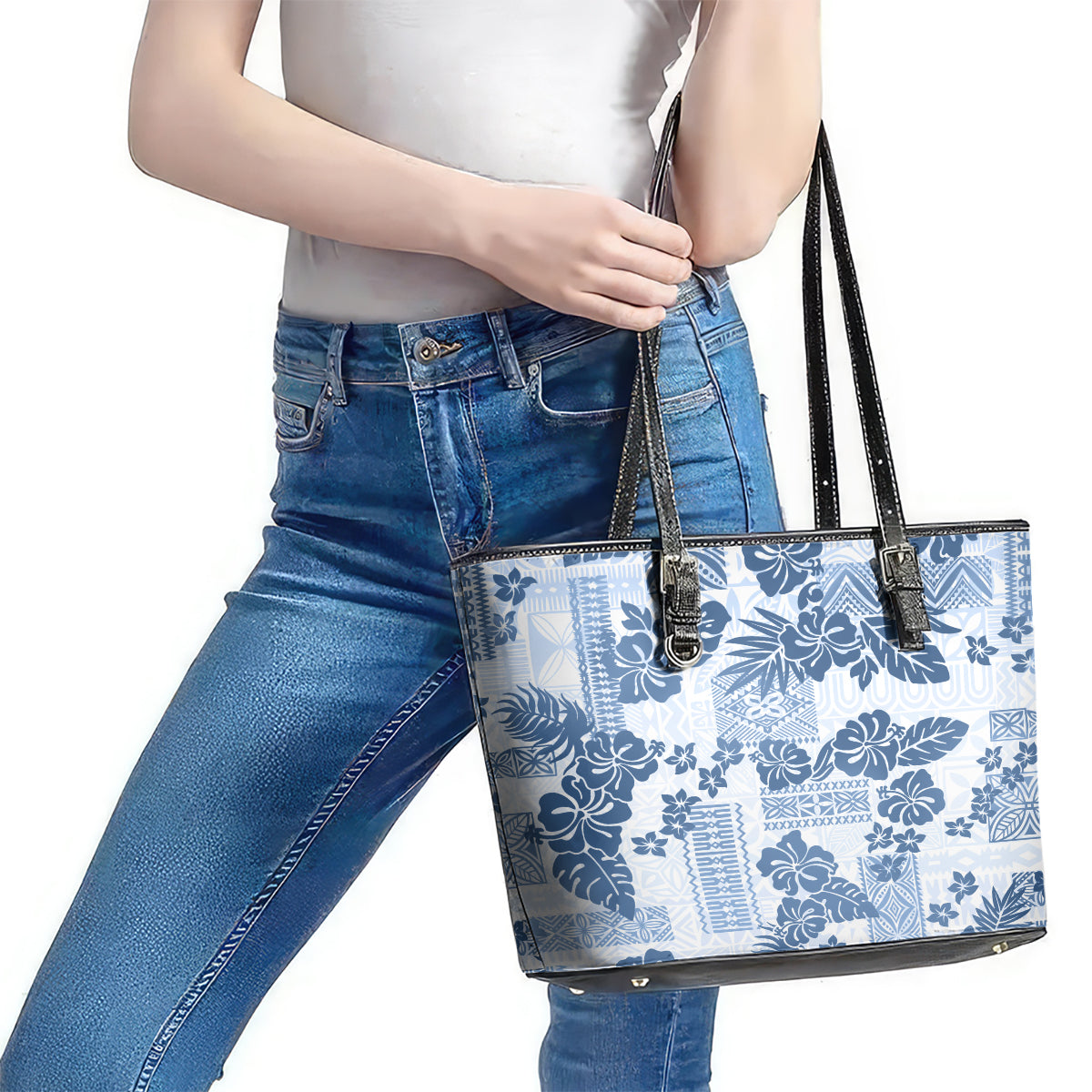 Vintage Hawaii Leather Tote Bag Hibiscus Tapa Tribal With Hawaiian Quilt Pattern Blue LT9
