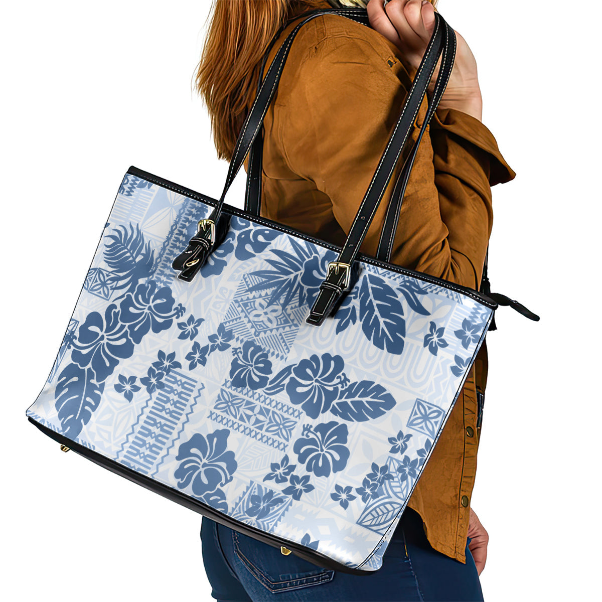 Vintage Hawaii Leather Tote Bag Hibiscus Tapa Tribal With Hawaiian Quilt Pattern Blue LT9