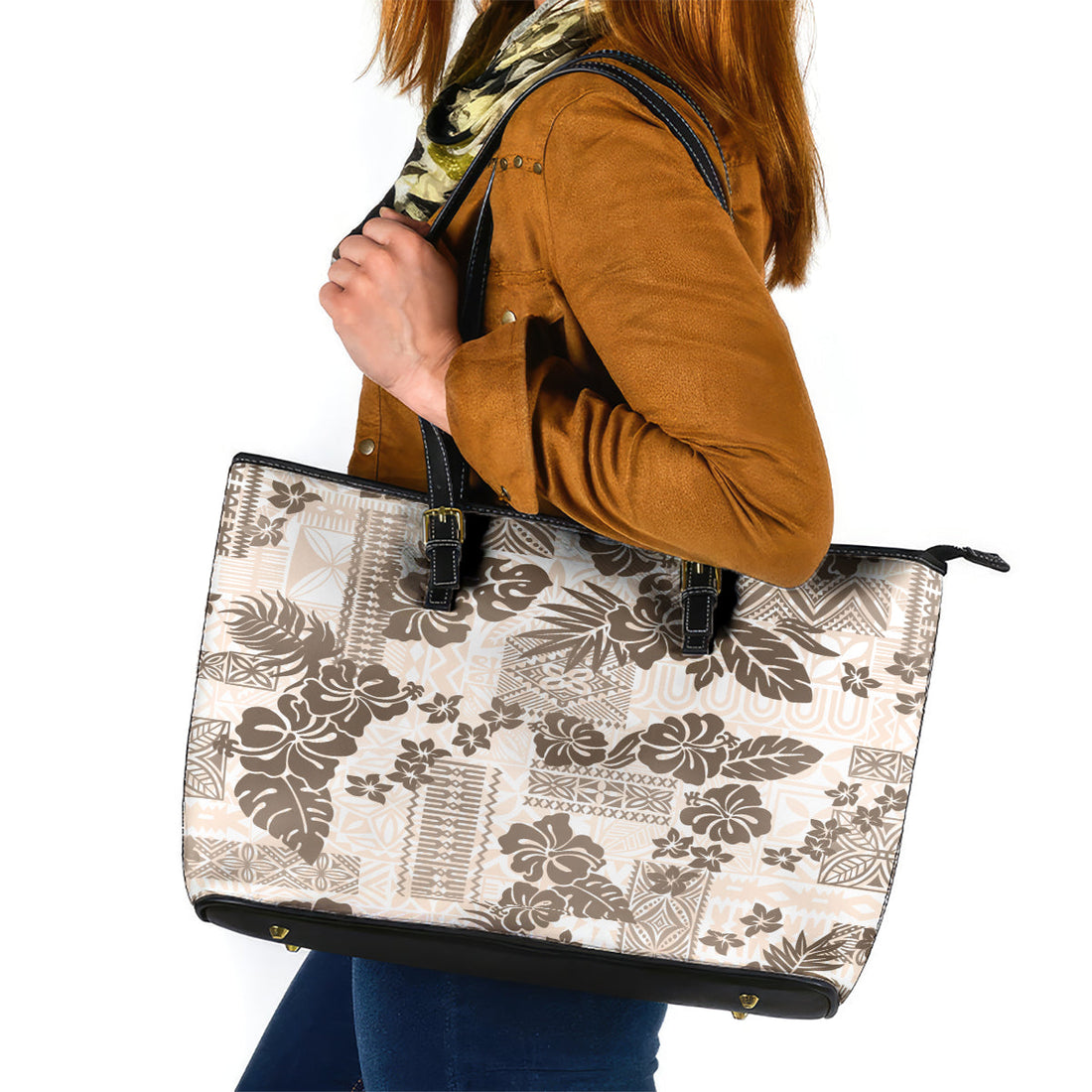 Vintage Hawaii Leather Tote Bag Hibiscus Tapa Tribal With Hawaiian Quilt Pattern Gold LT9