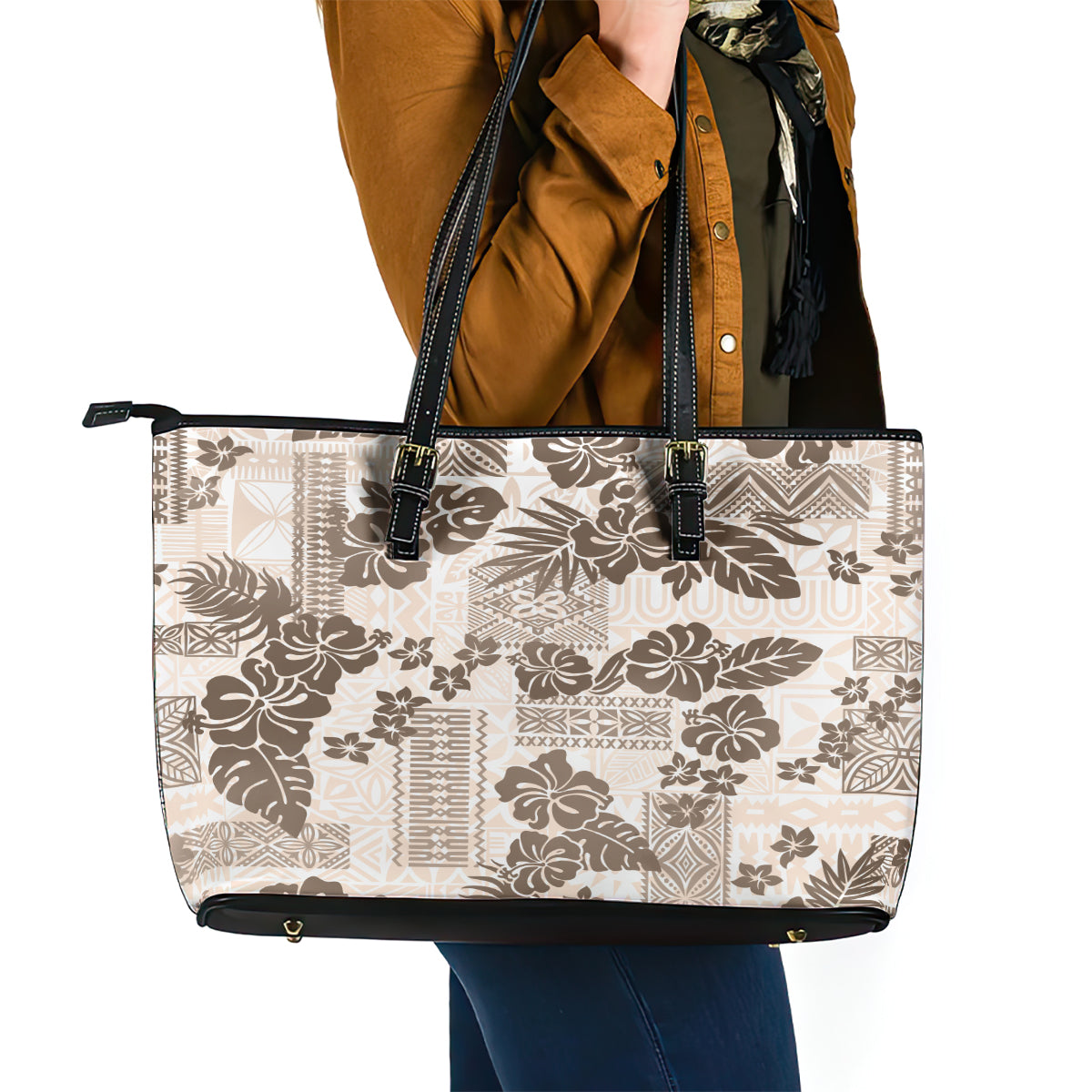Vintage Hawaii Leather Tote Bag Hibiscus Tapa Tribal With Hawaiian Quilt Pattern Gold LT9